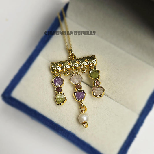 Whispers of Spring Multi Gemstone Necklace| Victorian Style Raw Amethyst, Garnet, Peridot, Crystal Pendan