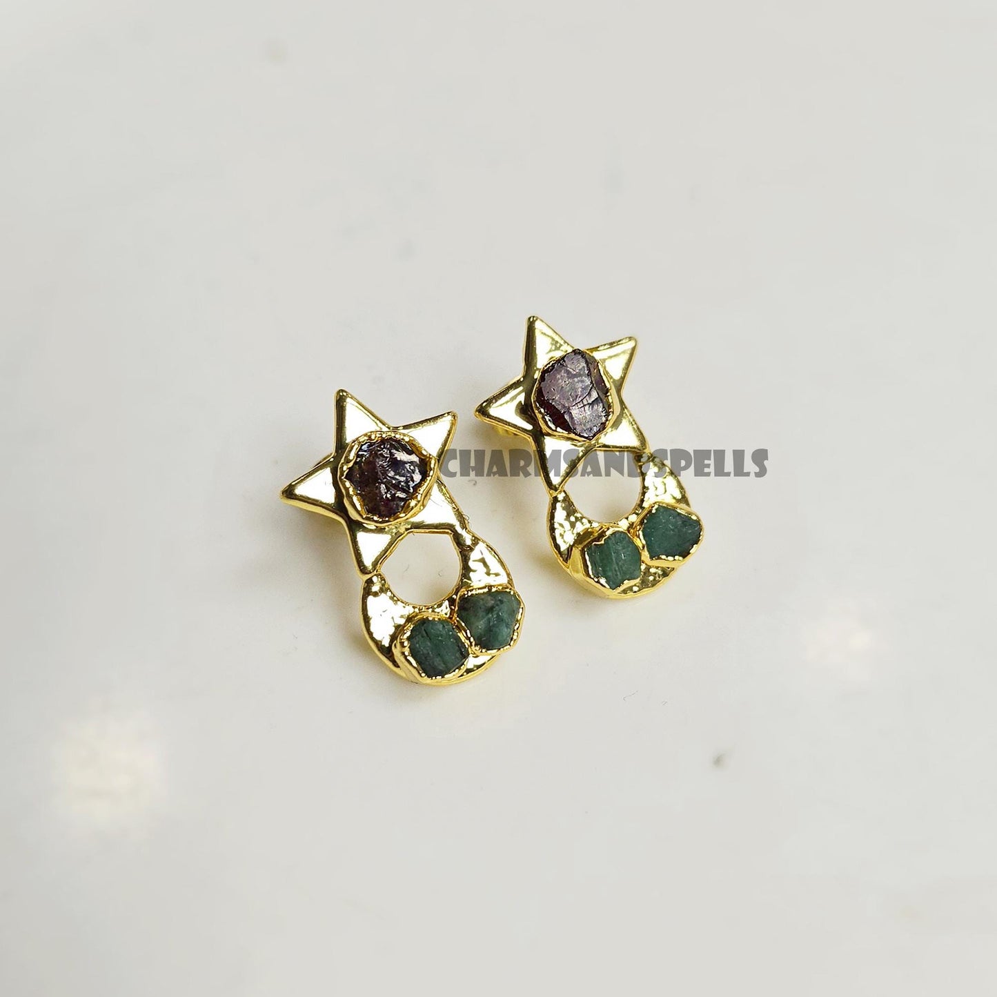 Celestial Alchemy Raw Stone Earrings| Emerald & Garnet Studs| Moon Star Healing Jewelry