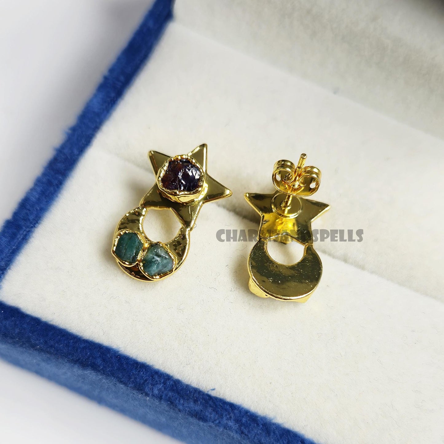 Celestial Alchemy Raw Stone Earrings| Emerald & Garnet Studs| Moon Star Healing Jewelry