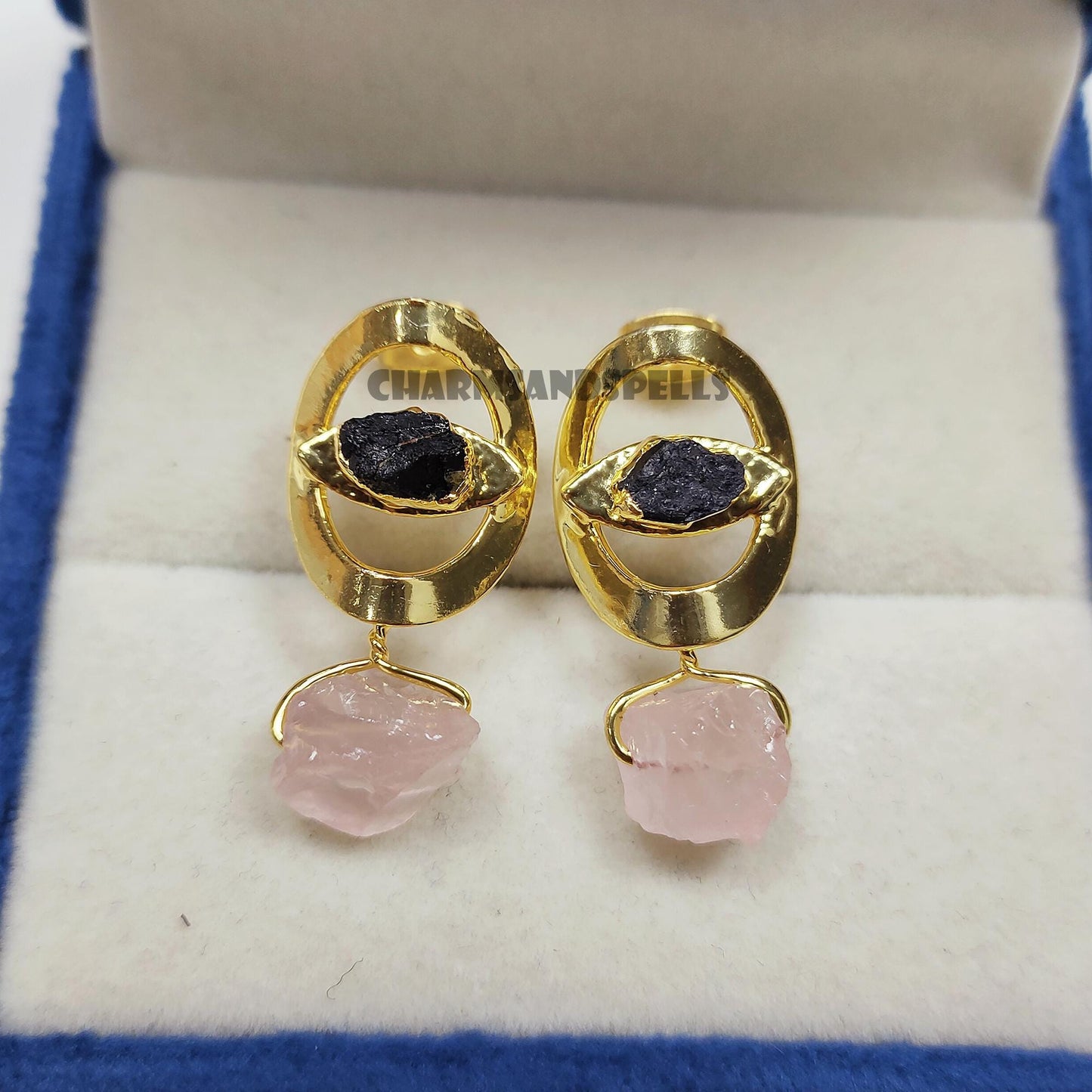 Divine Eye Rough Black Tourmaline & Rose Quartz Earrings| 14K Gold Plated