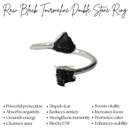 Raw Black Tourmaline| Adjustable Gemstone Ring for Women| Protection Jewelry