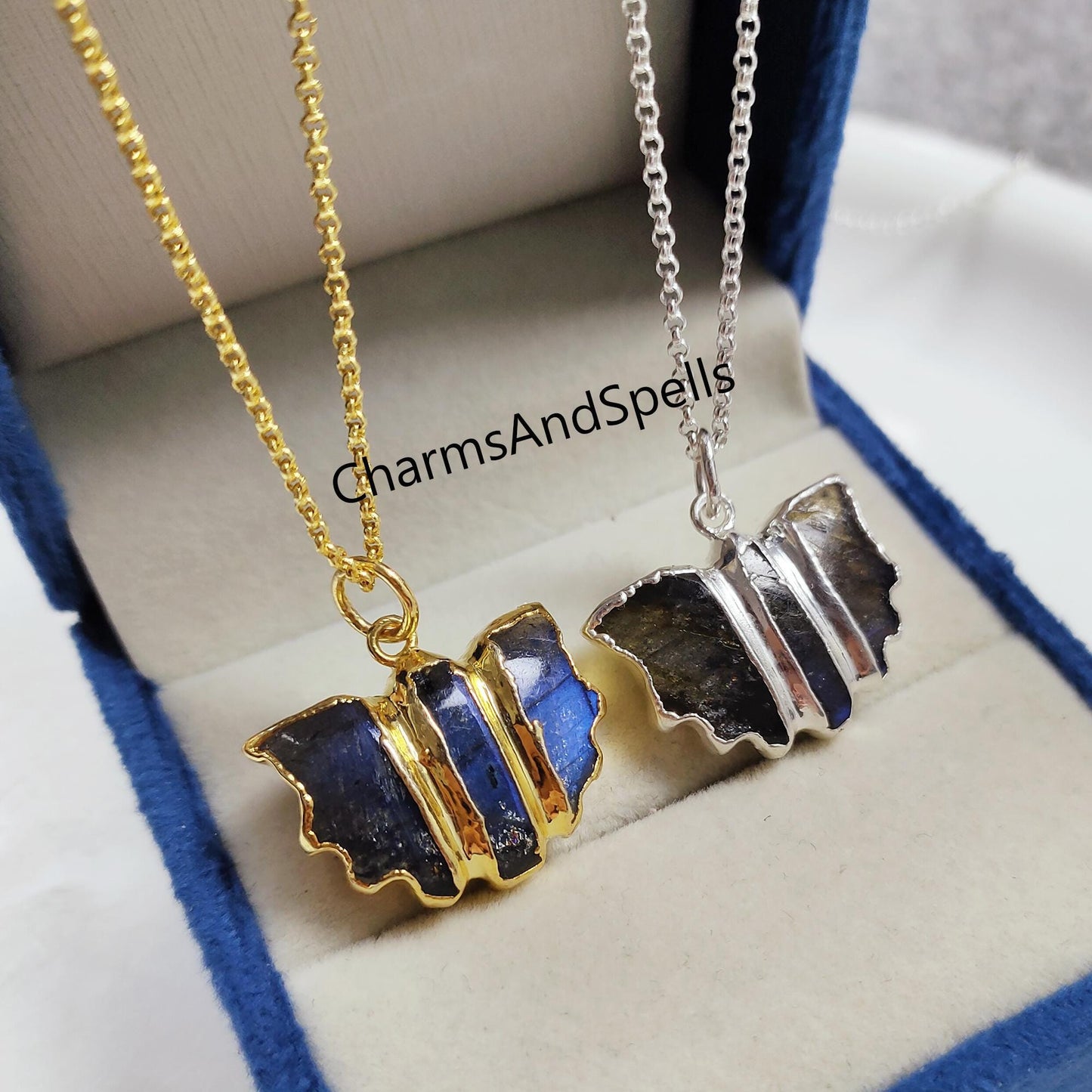 Labradorite Bat Necklace| Reiki Infused Crystal Jewelry| 14K Gold Gothic