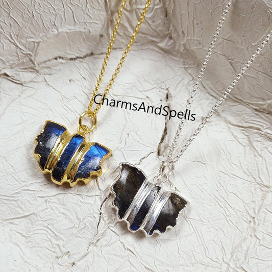 Labradorite Bat Necklace| Reiki Infused Crystal Jewelry| 14K Gold Gothic