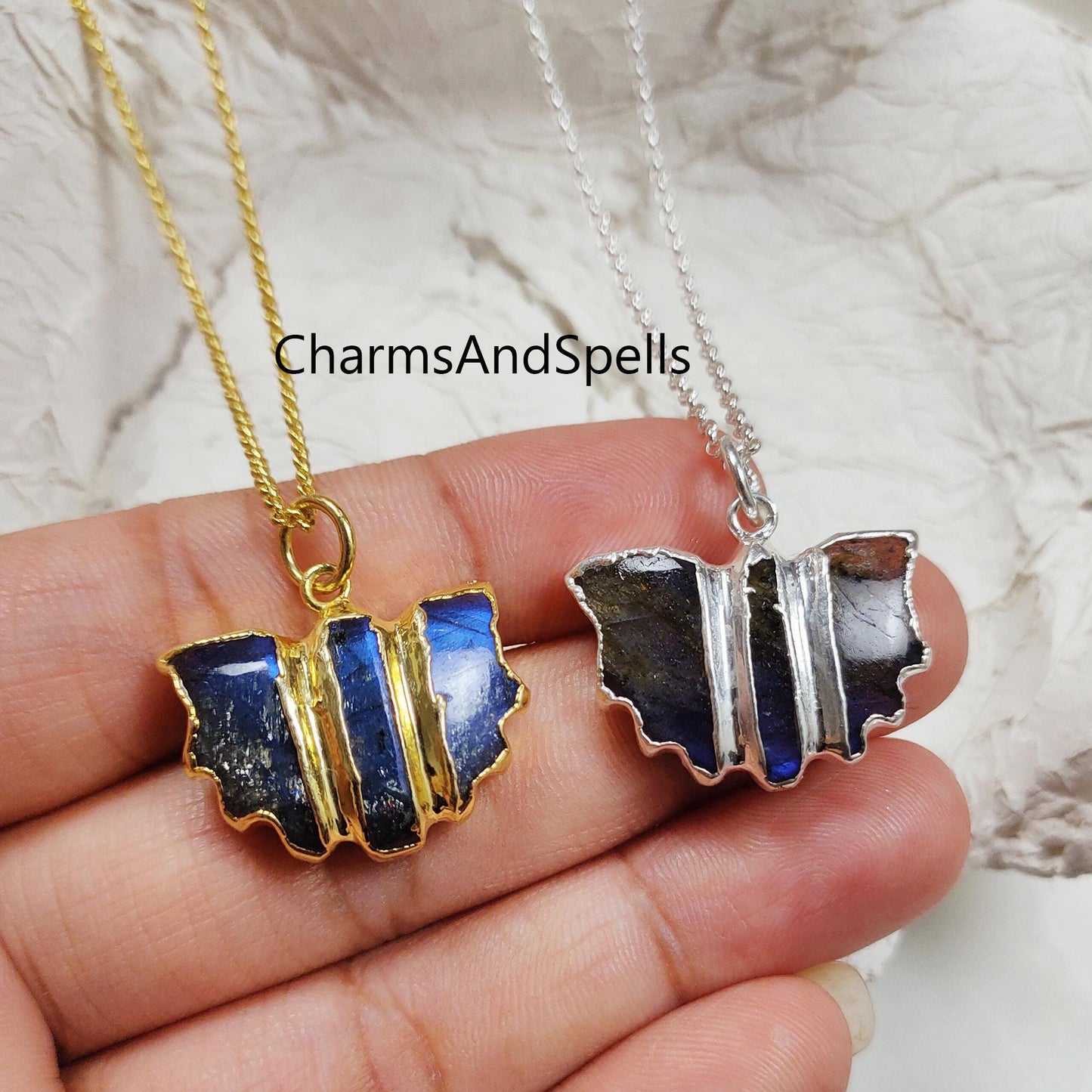 Labradorite Bat Necklace| Reiki Infused Crystal Jewelry| 14K Gold Gothic