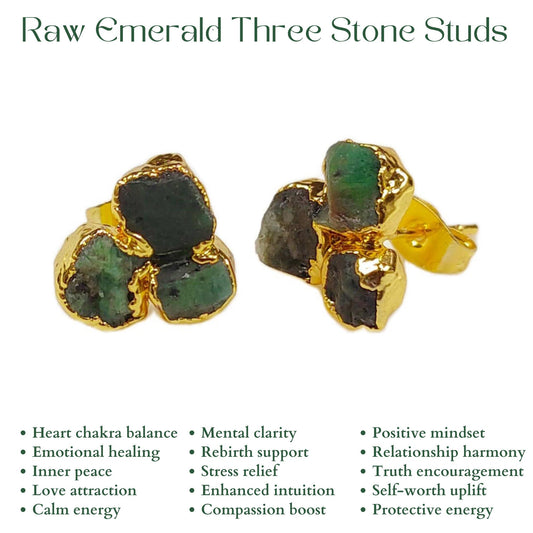 Natural Raw Emerald Three Stud Earrings, May Birthstone