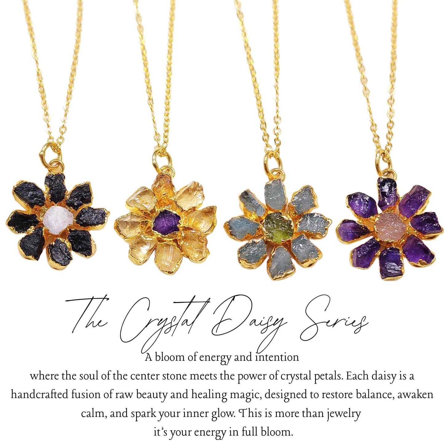 Daisy Flower Crystal Necklace| Raw Gemstone Pendant| Boho Healing Jewelry