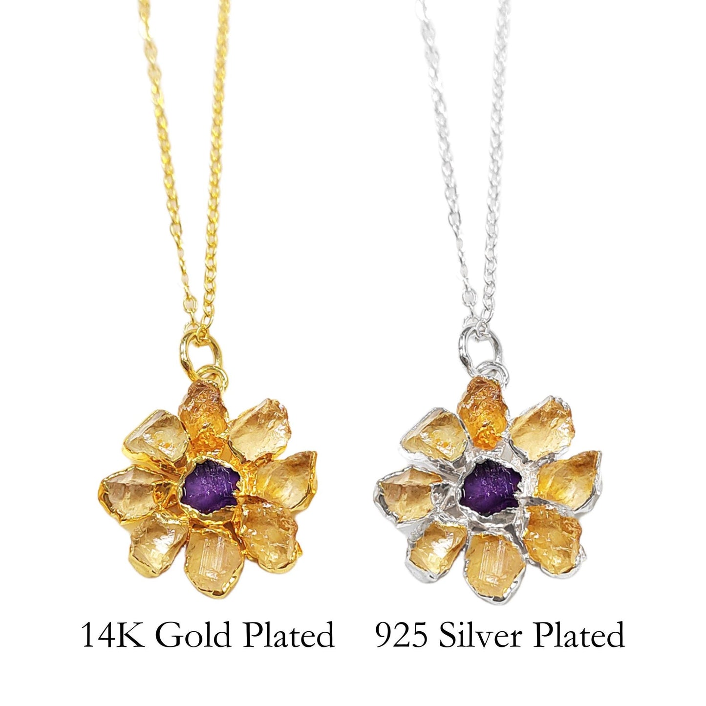 Daisy Flower Crystal Necklace| Raw Gemstone Pendant| Boho Healing Jewelry