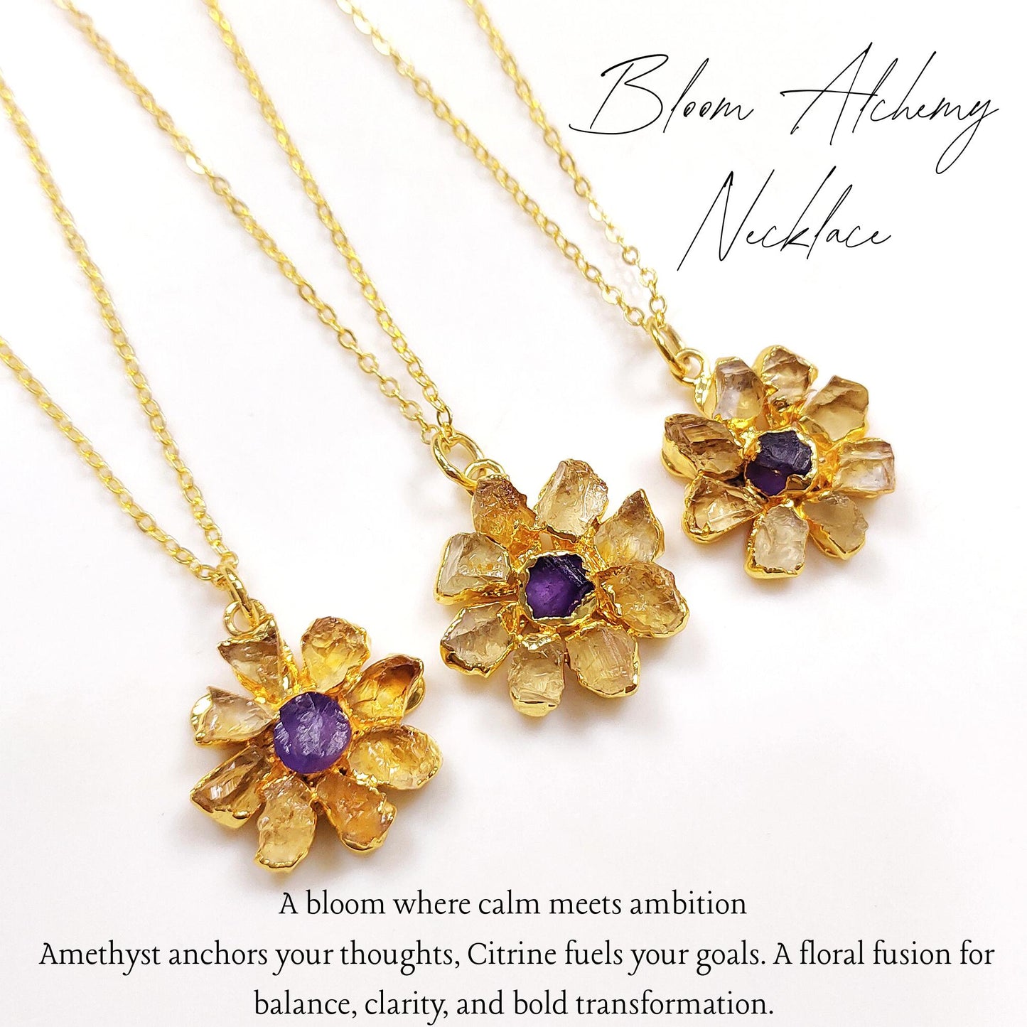 Daisy Flower Crystal Necklace| Raw Gemstone Pendant| Boho Healing Jewelry