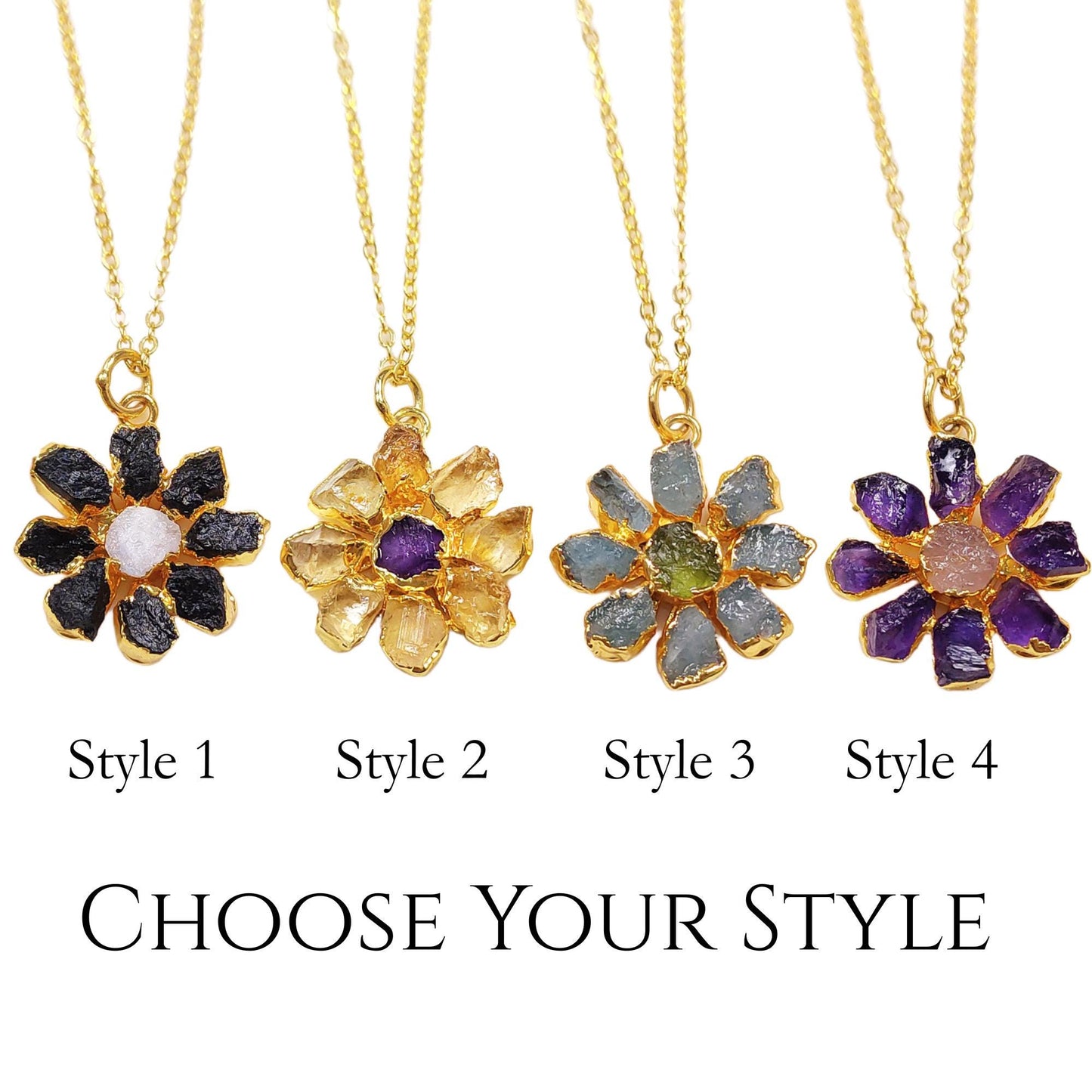 Daisy Flower Crystal Necklace| Raw Gemstone Pendant| Boho Healing Jewelry