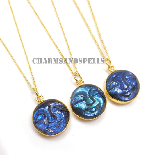 Blue Flash Labradorite Moon Face Necklace, 14k Gold Plated Healing Pendant