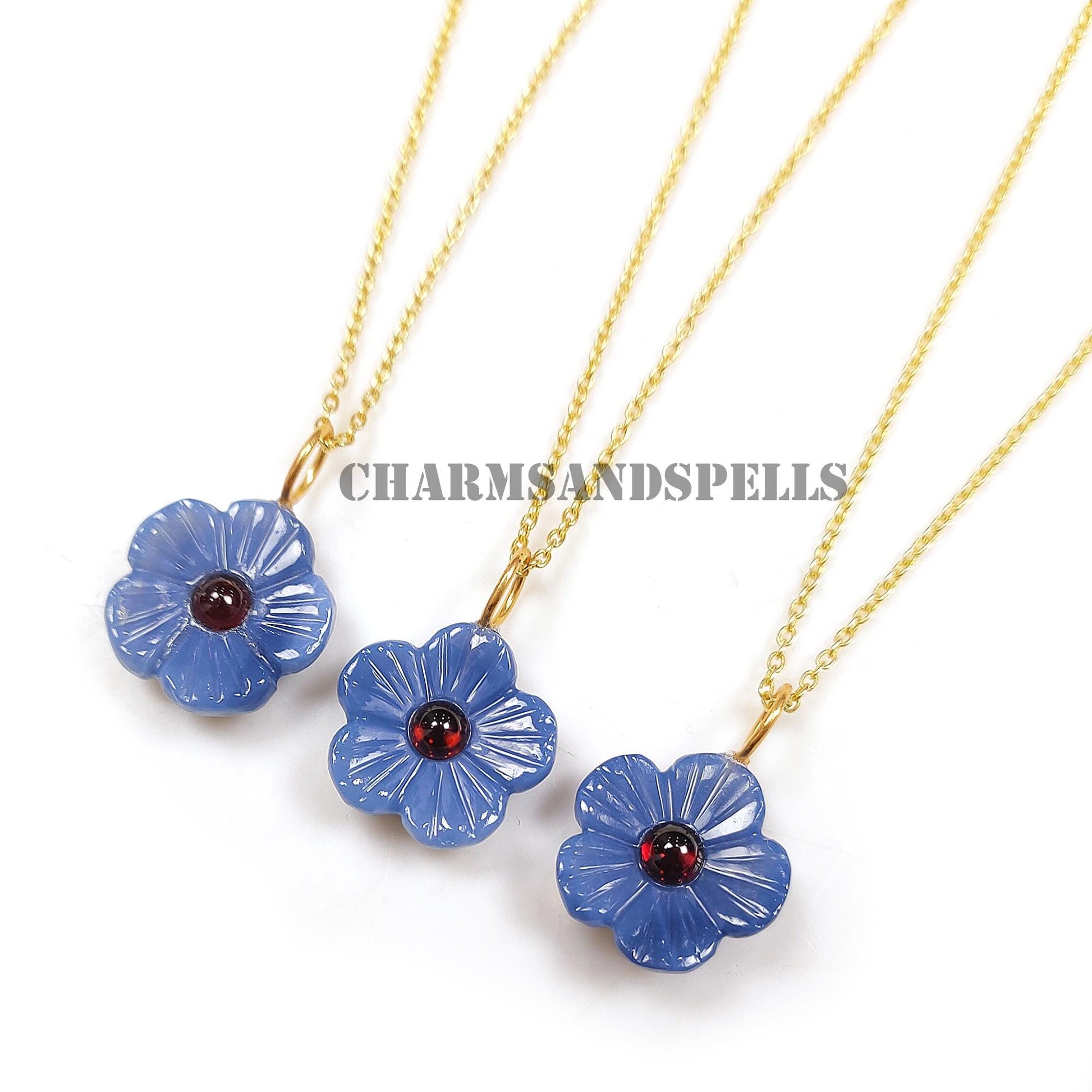 Carved Blue Onyx Flower Necklace