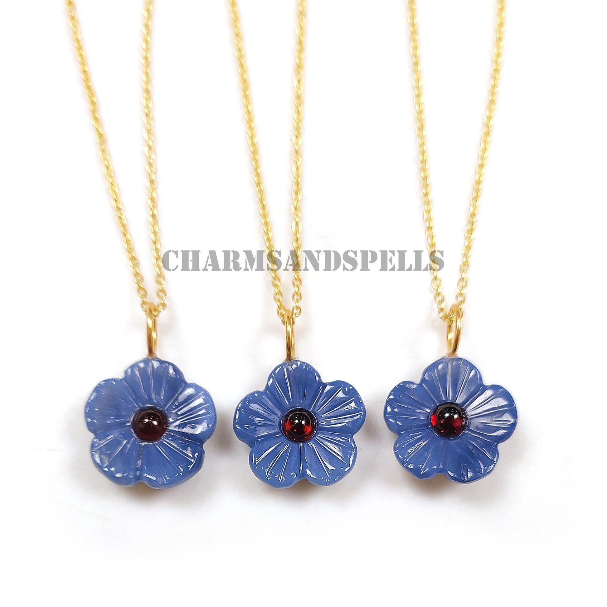 Carved Blue Onyx Flower Necklace