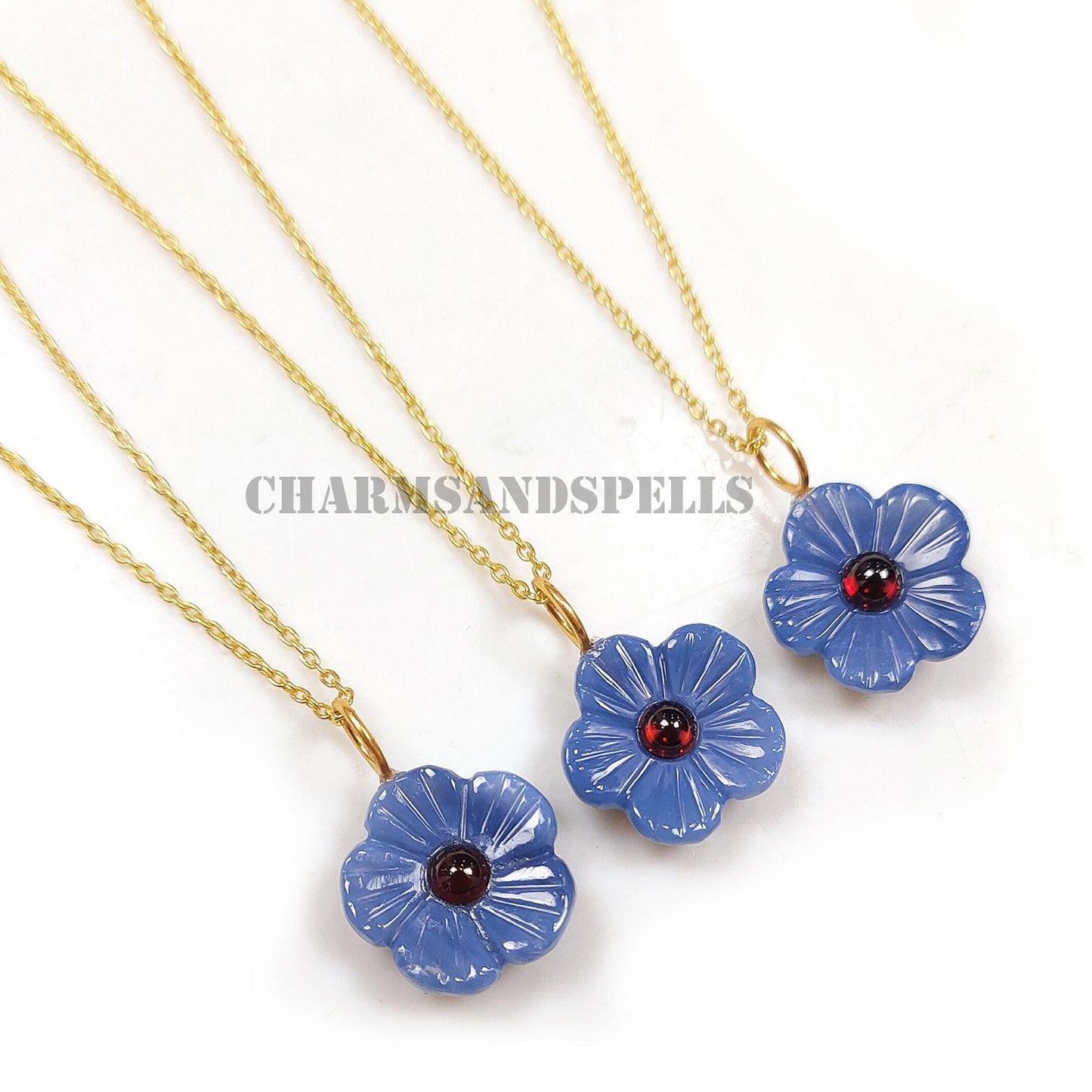 Carved Blue Onyx Flower Necklace