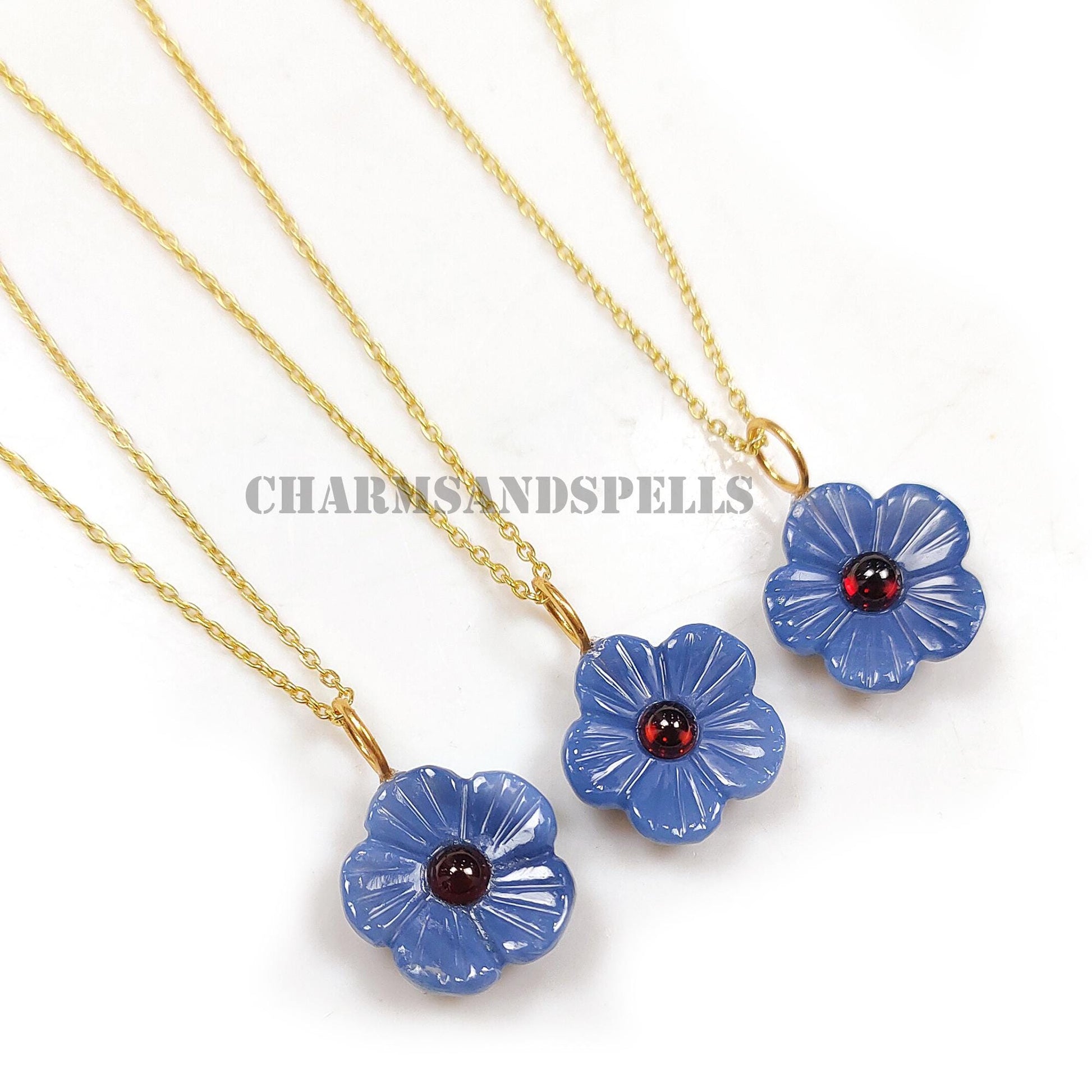 Carved Blue Onyx Flower Necklace