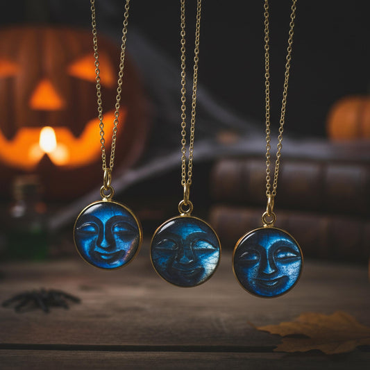 Blue Flash Labradorite Moon Face Necklace, 14k Gold Plated Healing Pendant