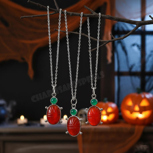 Carnelian Ladybug Necklace, 925 Silver Insect Charm, Handcarved Vintage Jewelry