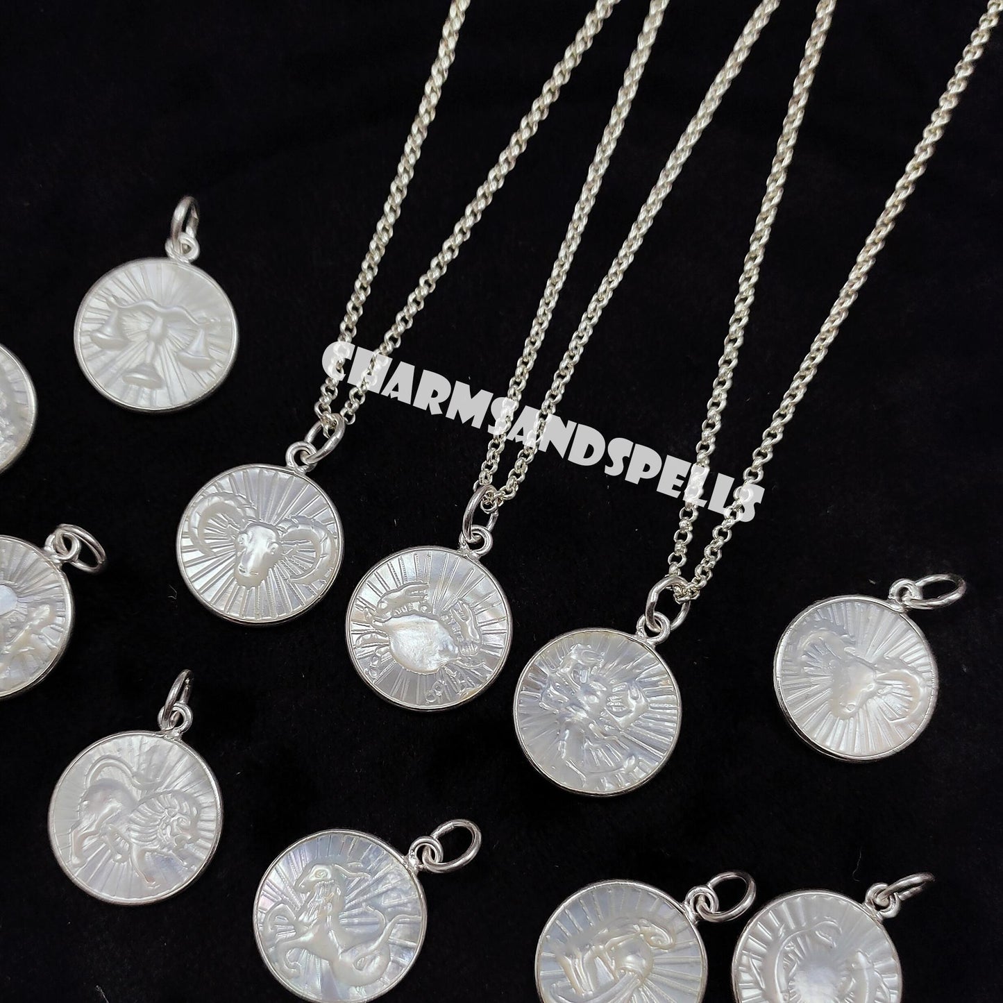 Zodiac Pearl Necklace, Engraved Round Bezel Charm, Astrology Birthday Gift