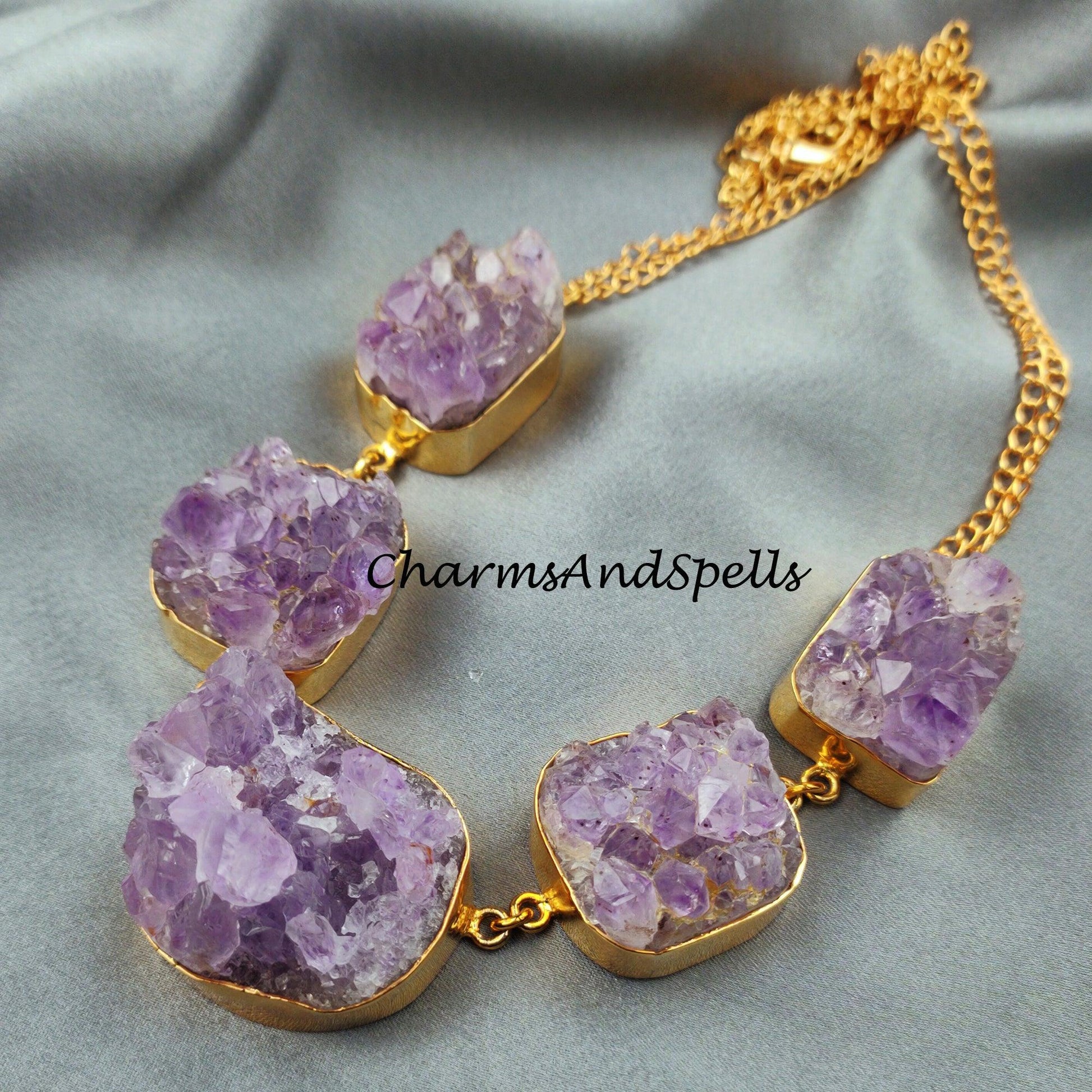 Raw Amethyst Necklace, Crystal Amethyst Druzy Necklace, Witchy Necklace for Women, Crystal Amethyst - Charms And Spells