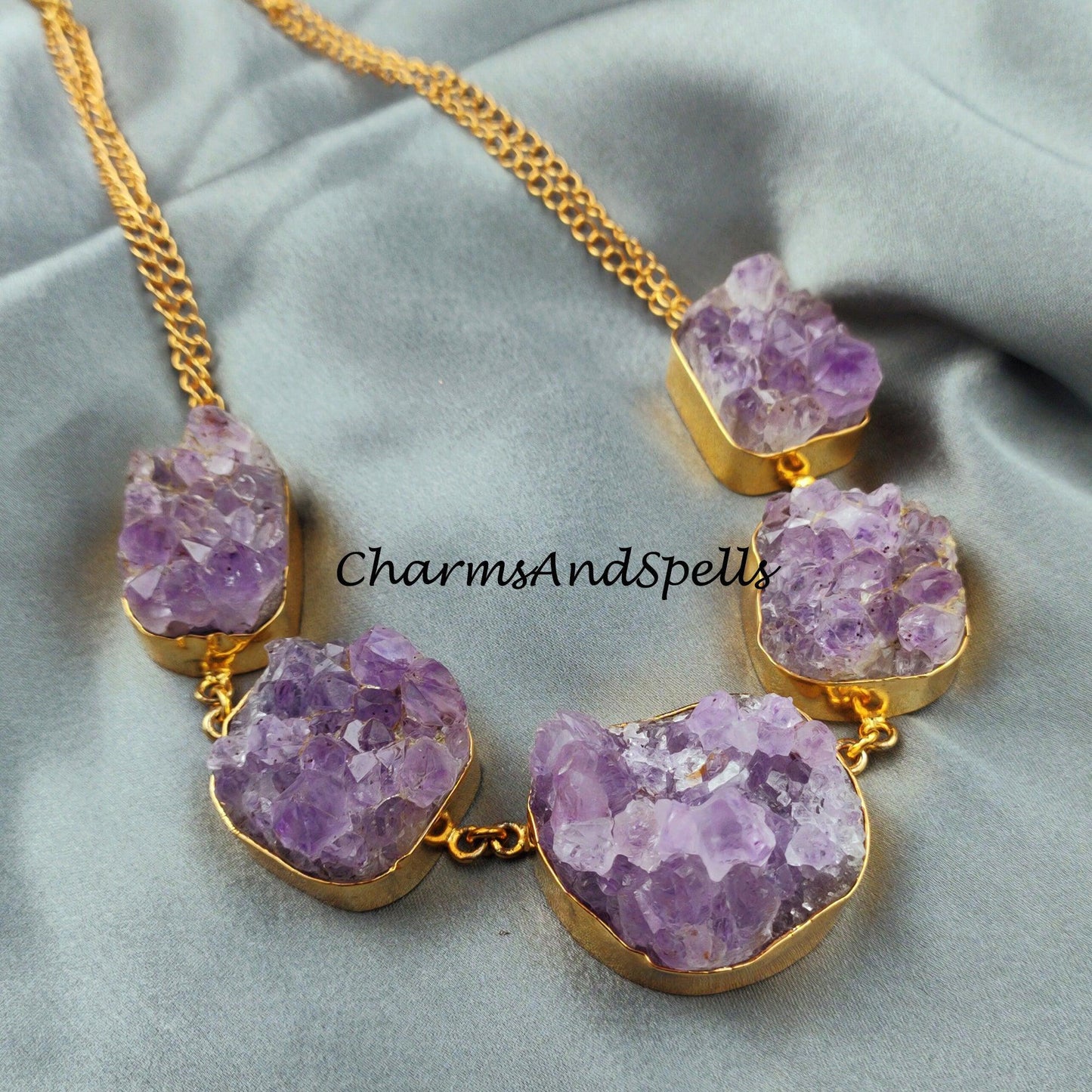 Raw Amethyst Necklace, Crystal Amethyst Druzy Necklace, Witchy Necklace for Women, Crystal Amethyst - Charms And Spells