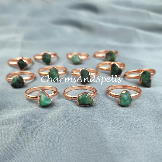 Rough Emerald Ring, Green Gemstone Ring, Electroplated Ring, Gift for Women, Raw Stone Jewelry, Ethnic Ring, Women Ring - Charms And Spells