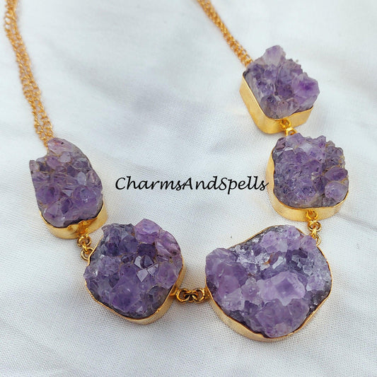 Raw Amethyst Necklace, Crystal Amethyst Druzy Necklace, Witchy Necklace for Women, Crystal Amethyst - Charms And Spells