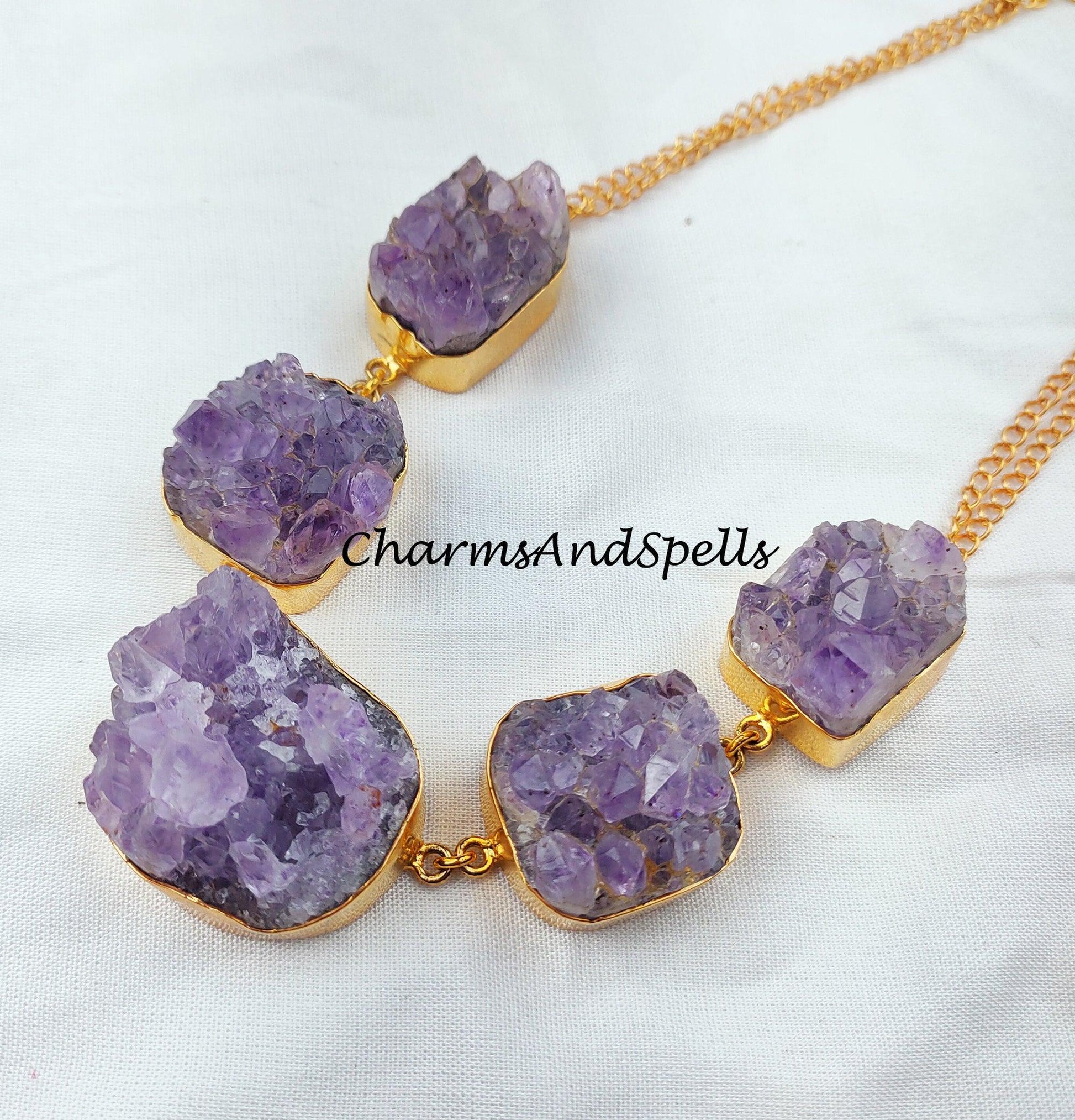 Raw Amethyst Necklace, Crystal Amethyst Druzy Necklace, Witchy Necklace for Women, Crystal Amethyst - Charms And Spells