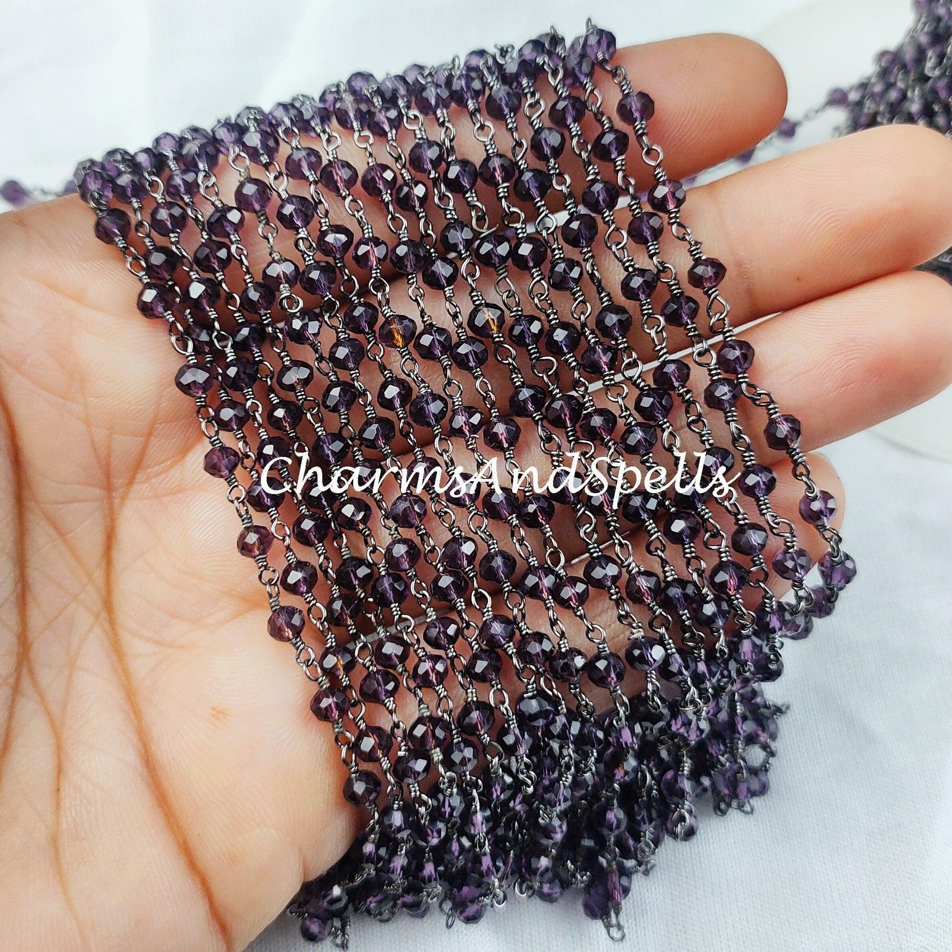 1 Feet Chain, Amethyst Wire Wrapped Rosary Chain, Gunmetal Rosary Chain, Link Rosary Chain, Gemstone Chain, DIY Chain For Jewelry Making - Charms And Spells