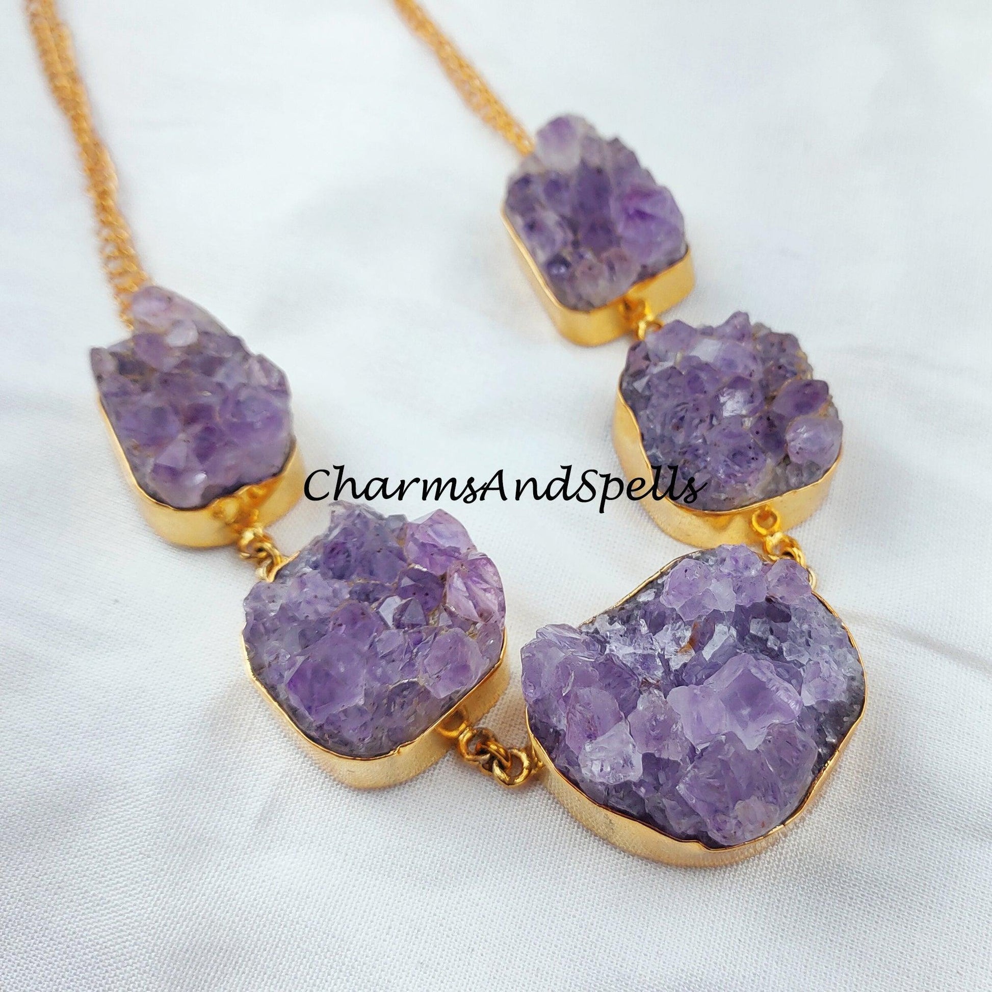 Raw Amethyst Necklace, Crystal Amethyst Druzy Necklace, Witchy Necklace for Women, Crystal Amethyst - Charms And Spells