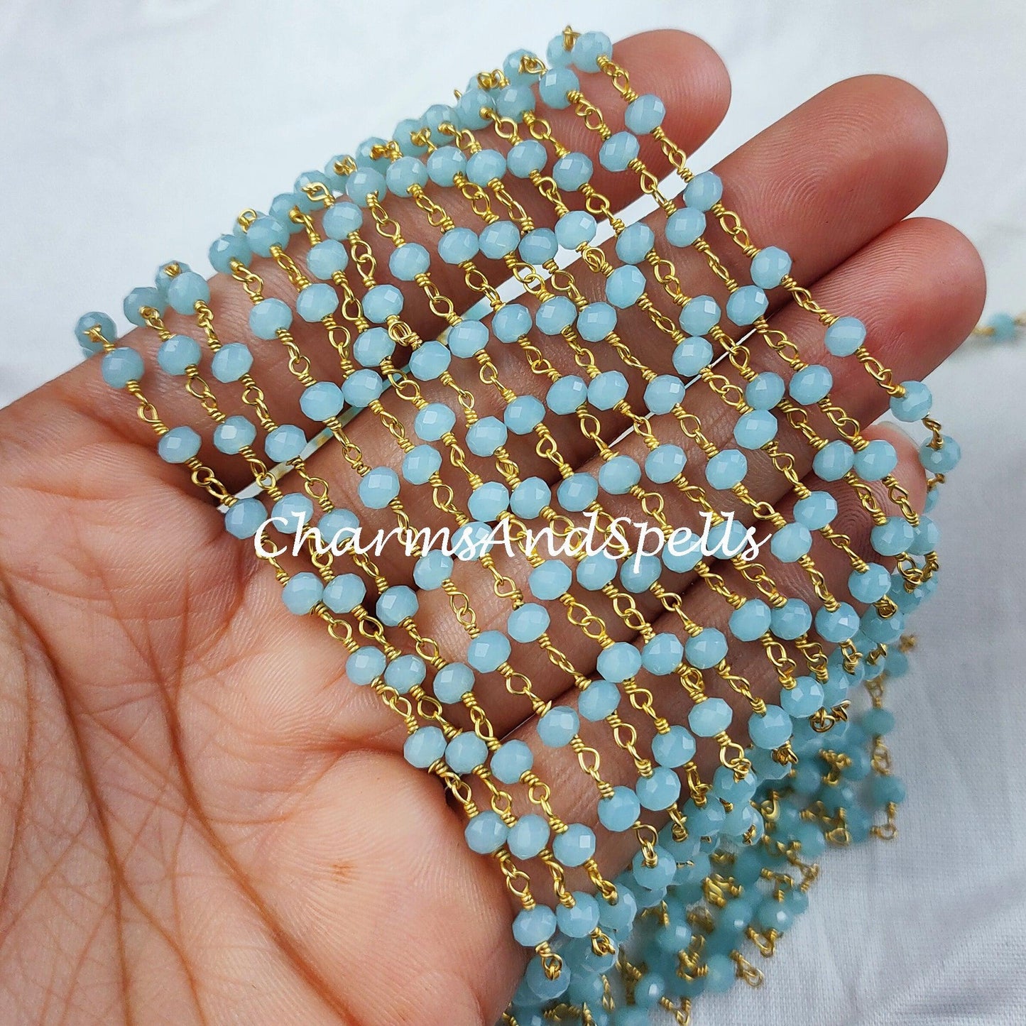 1 Feet Chain, Blue Chalcedony Gemstone Rosary Chain, 4-4.5mm Beads Chain, 14K Gold Plated Wire Wrapped Beaded Chain, DIY Necklace Chain - Charms And Spells