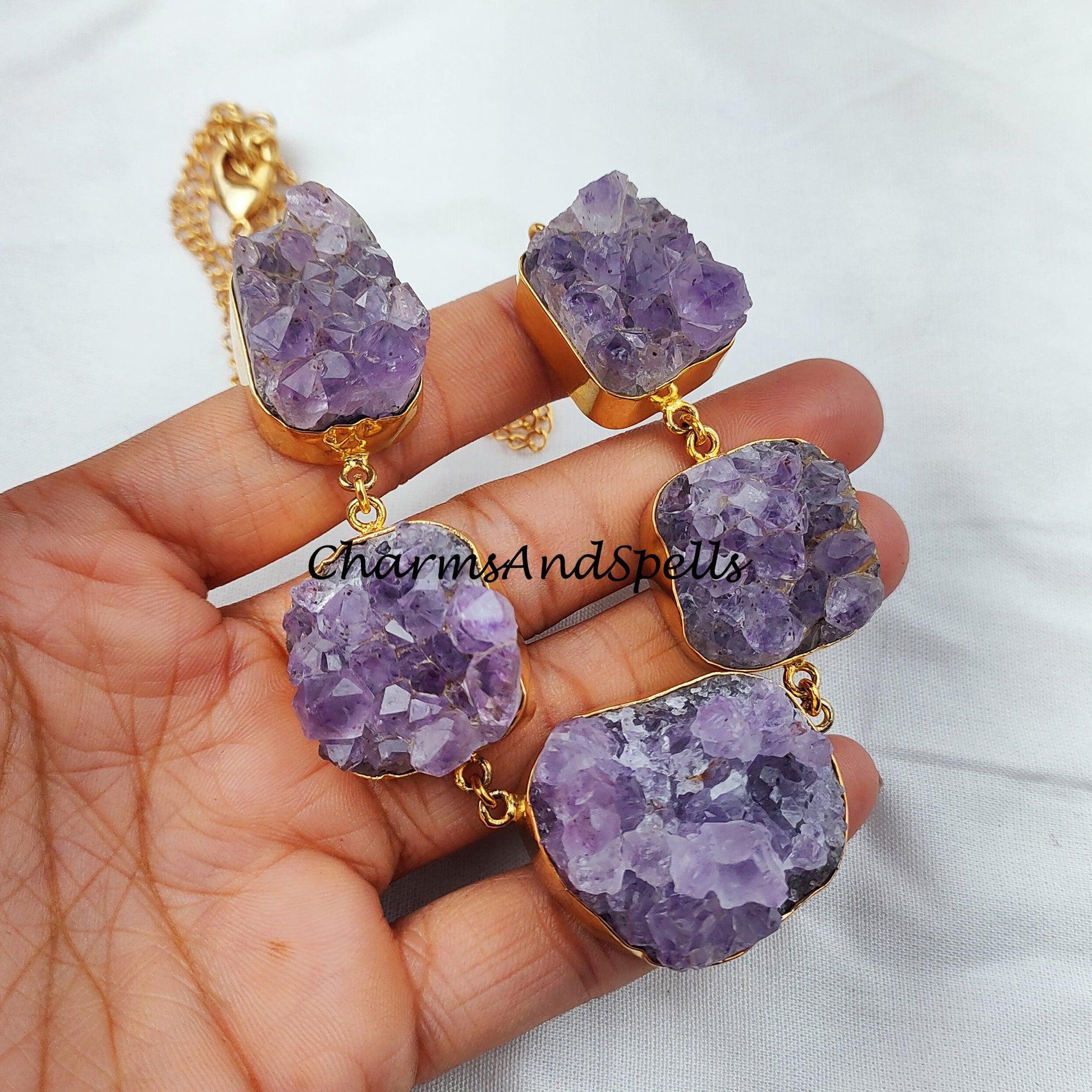 Raw Amethyst Necklace, Crystal Amethyst Druzy Necklace, Witchy Necklace for Women, Crystal Amethyst - Charms And Spells