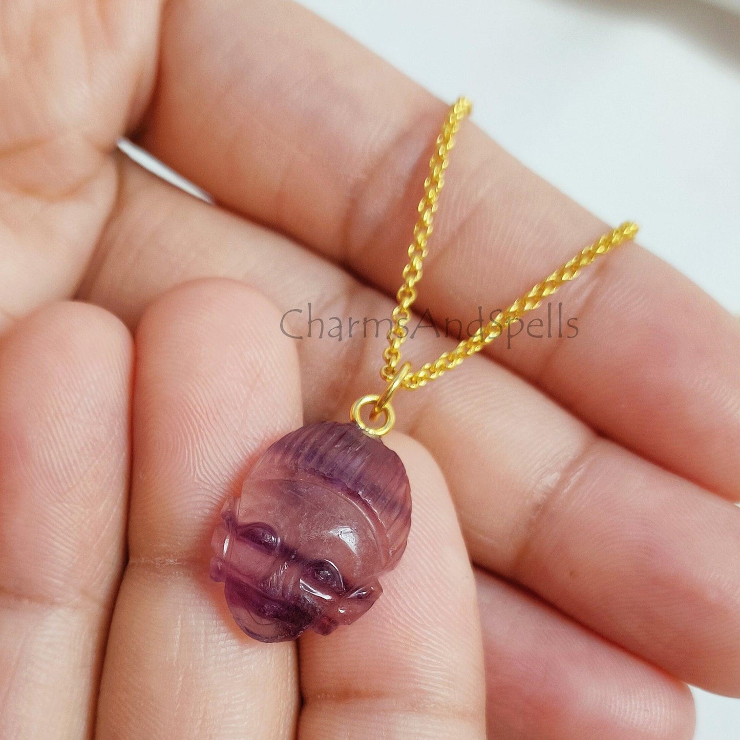 Fluorite Buddha Face Carving Pendant Necklace, Gold Plated Buddha Pendant, Fluorite Face Carving Gemstone Necklace, Healing Crystal Necklace - Charms And Spells