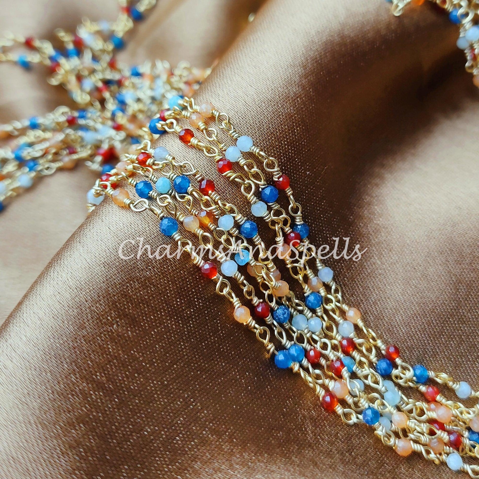 1 Feet Chain, Multi Gemstone Rosary Chain, Beads Chain, Body Chain, Jewelry Making, Women Chain, Necklace Chain, Gold Plated Rosary Chain - Charms And Spells