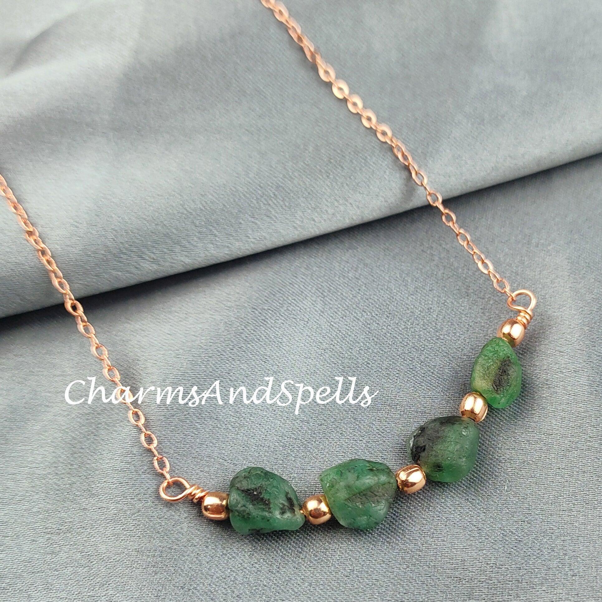 Rough Emerald Necklace, Healing Gemstone Necklace, Birthstone Jewelry, Ethnic Jewelry, Gift For Her, Emerald Necklace, Boho Necklace - Charms And Spells