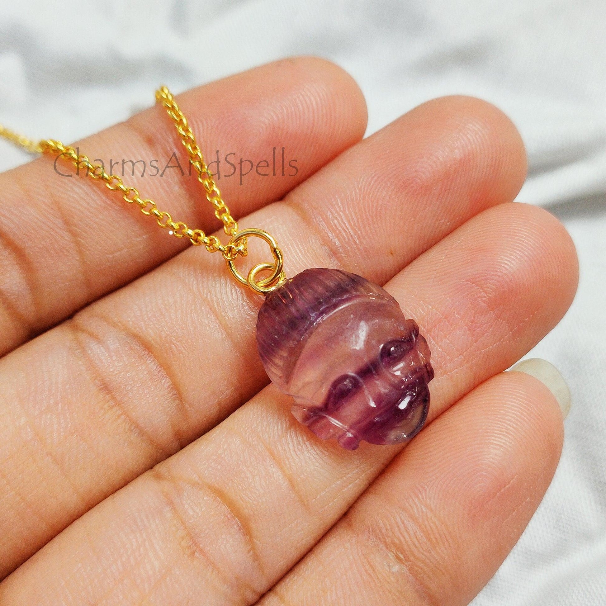 Fluorite Buddha Face Carving Pendant Necklace, Gold Plated Buddha Pendant, Fluorite Face Carving Gemstone Necklace, Healing Crystal Necklace - Charms And Spells