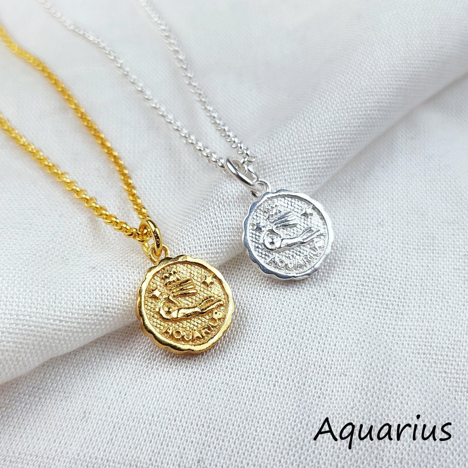 Aquarius charm necklace, vintage look zodiac charm necklace, vintage astrological charm, boho cool zodiac signs necklace - Charms And Spells