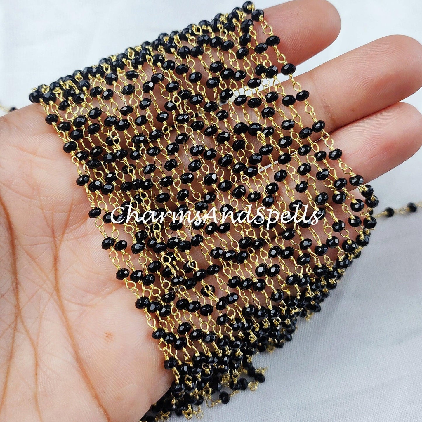 1 Feet Chain, Black Onyx Hydro Rondelle Rosary Chain, Rondelle Gemstone Beads, Black Onyx Bead Chain, Gold Plated Chain - Charms And Spells