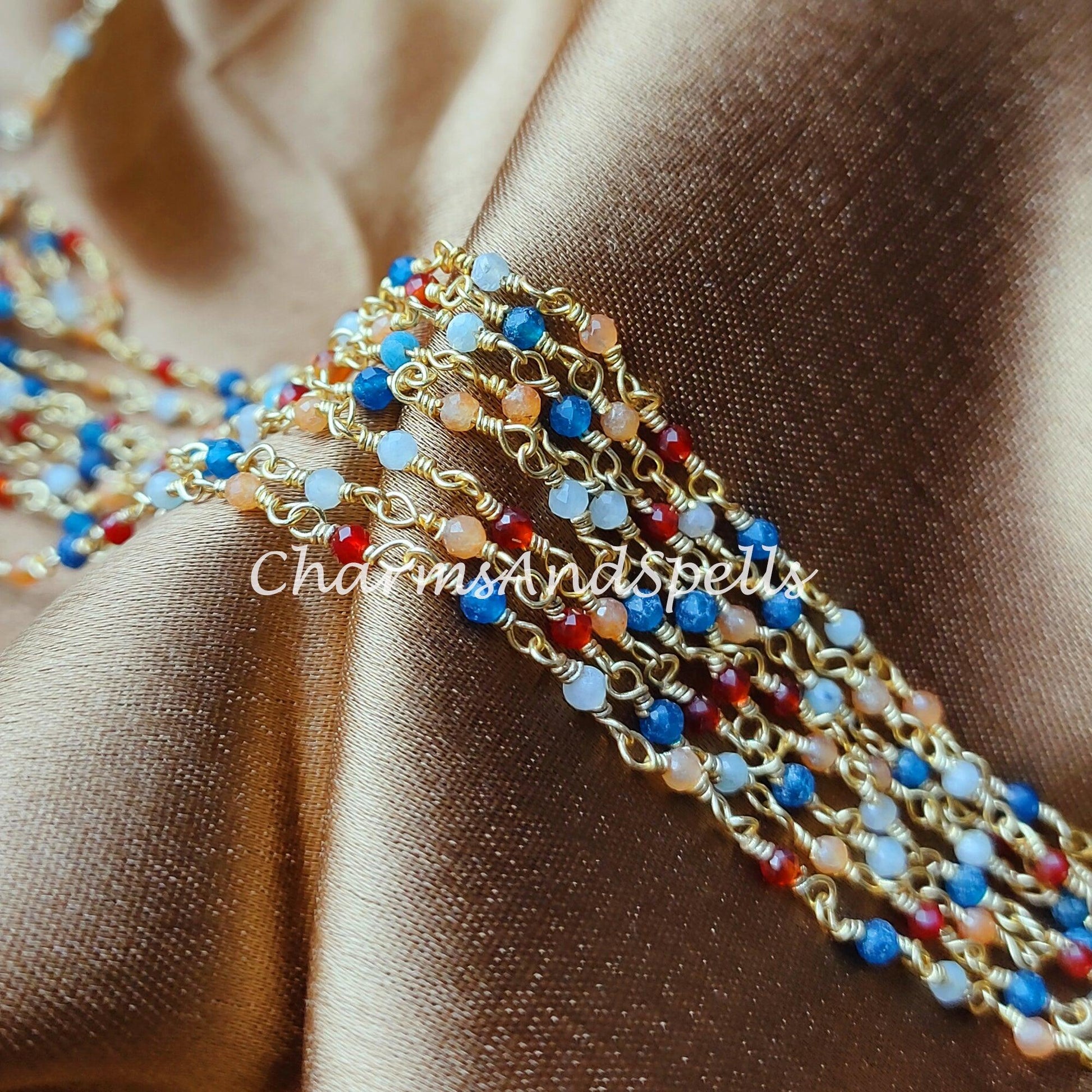 1 Feet Chain, Multi Gemstone Rosary Chain, Beads Chain, Body Chain, Jewelry Making, Women Chain, Necklace Chain, Gold Plated Rosary Chain - Charms And Spells