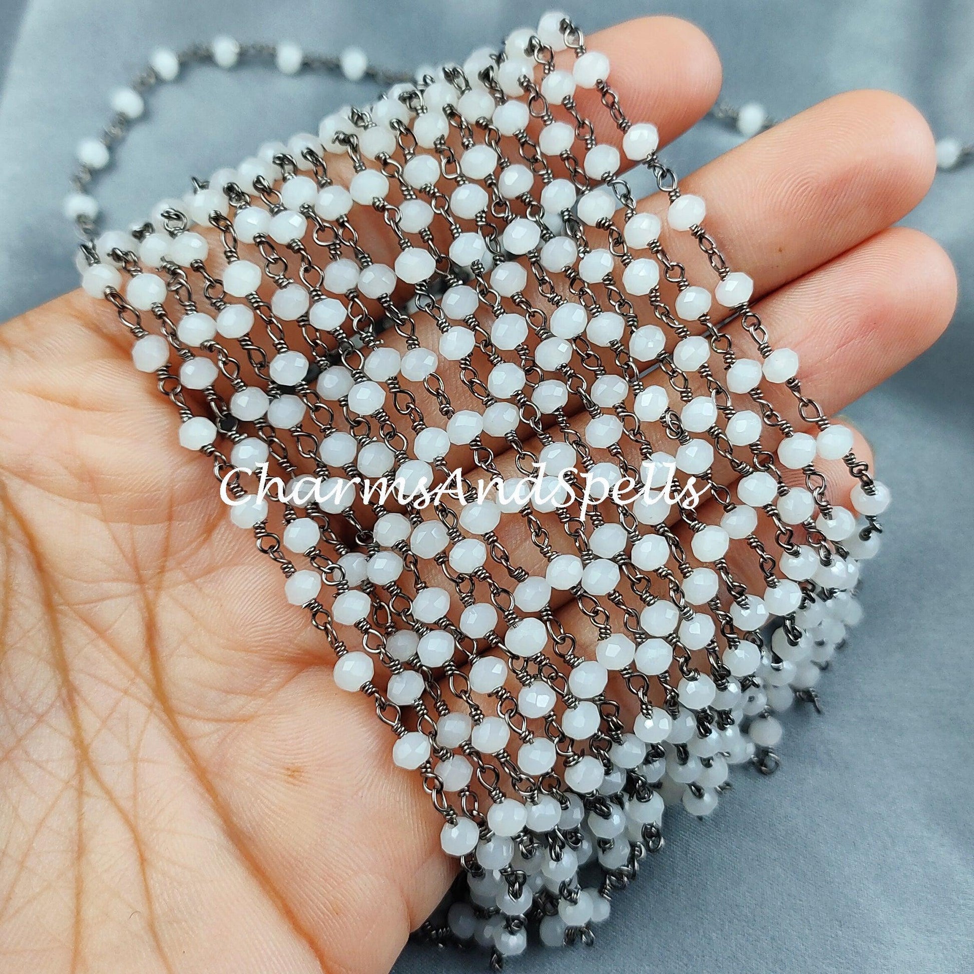 1 Feet Chain, White Agate Gemstone Rosary Chain, 3.5-4mm Beads Chain, Black Plated Wire Wrapped Beaded Chain, DIY Necklace Chain, Gift For Her - Charms And Spells