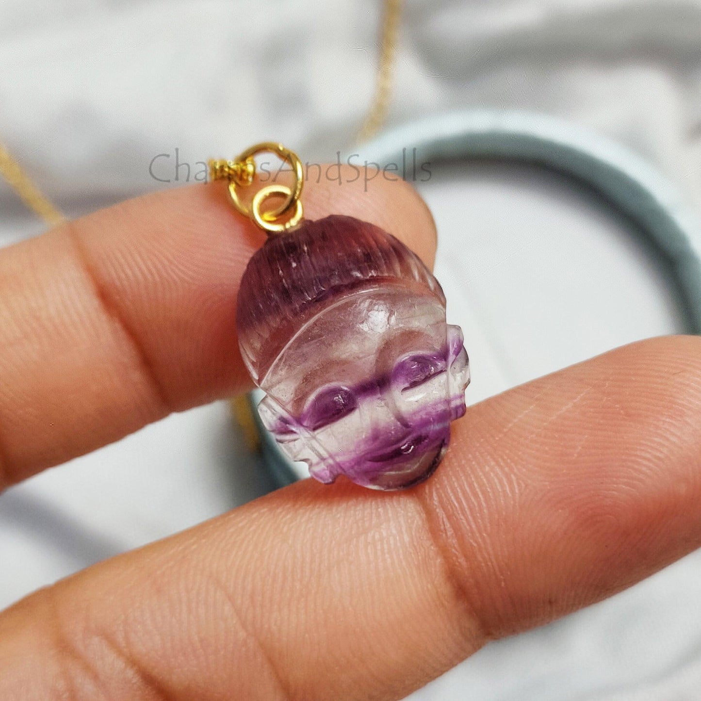 Fluorite Buddha Face Carving Pendant Necklace, Gold Plated Buddha Pendant, Fluorite Face Carving Gemstone Necklace, Healing Crystal Necklace - Charms And Spells