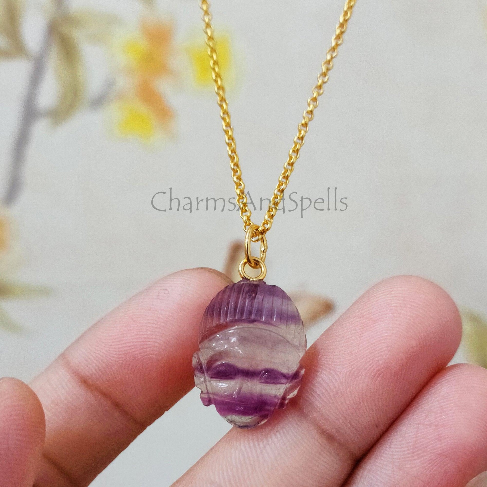 Fluorite Buddha Face Carving Pendant Necklace, Gold Plated Buddha Pendant, Fluorite Face Carving Gemstone Necklace, Healing Crystal Necklace - Charms And Spells