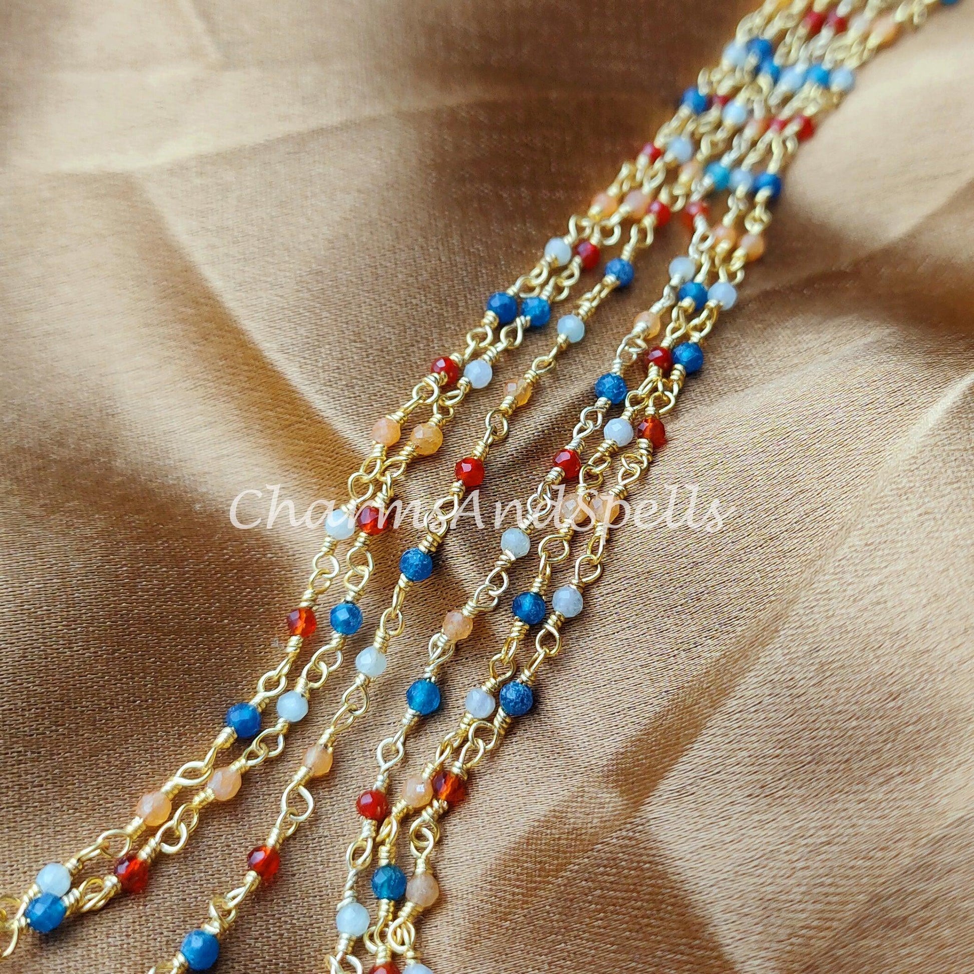 1 Feet Chain, Multi Gemstone Rosary Chain, Beads Chain, Body Chain, Jewelry Making, Women Chain, Necklace Chain, Gold Plated Rosary Chain - Charms And Spells