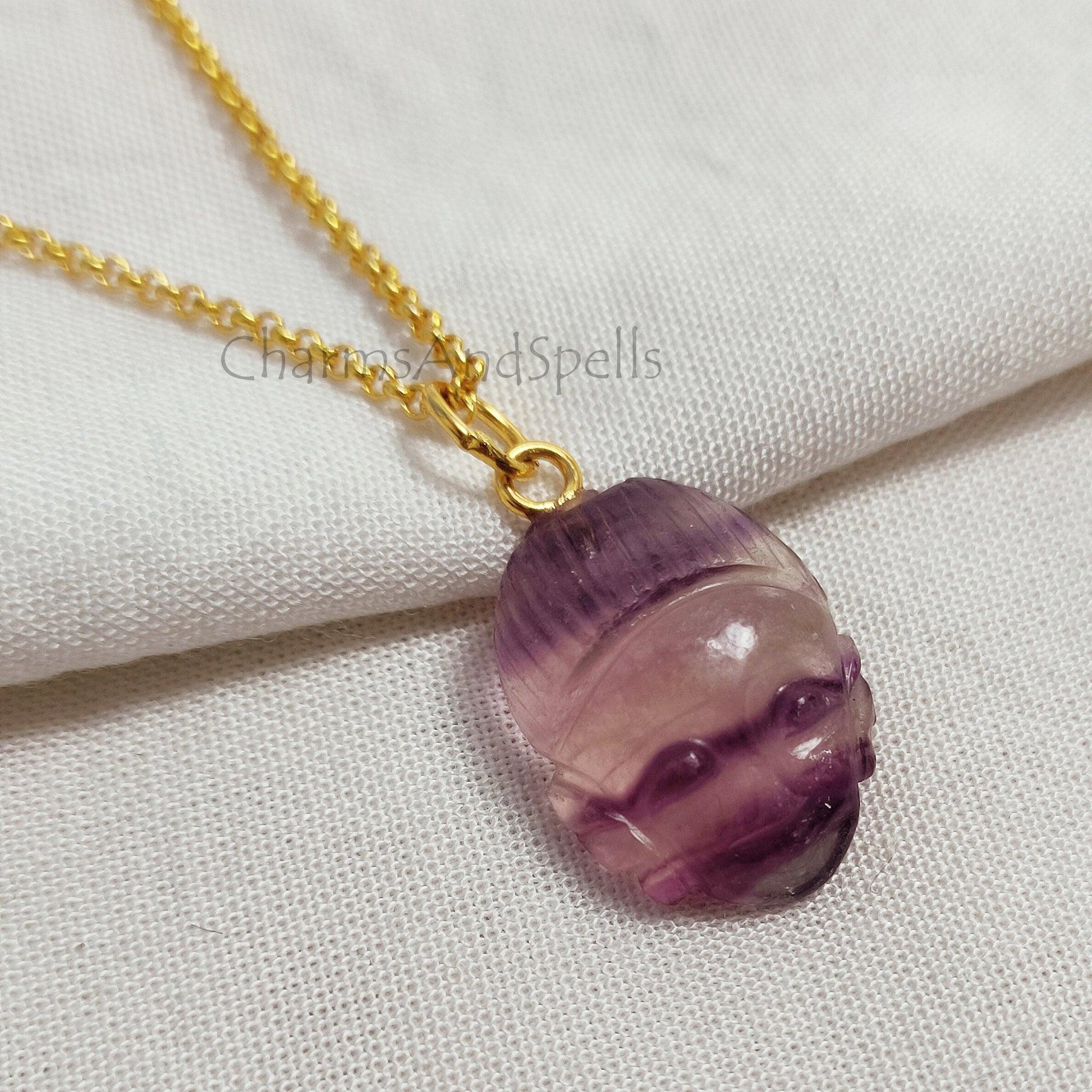 Fluorite Buddha Face Carving Pendant Necklace, Gold Plated Buddha Pendant, Fluorite Face Carving Gemstone Necklace, Healing Crystal Necklace - Charms And Spells