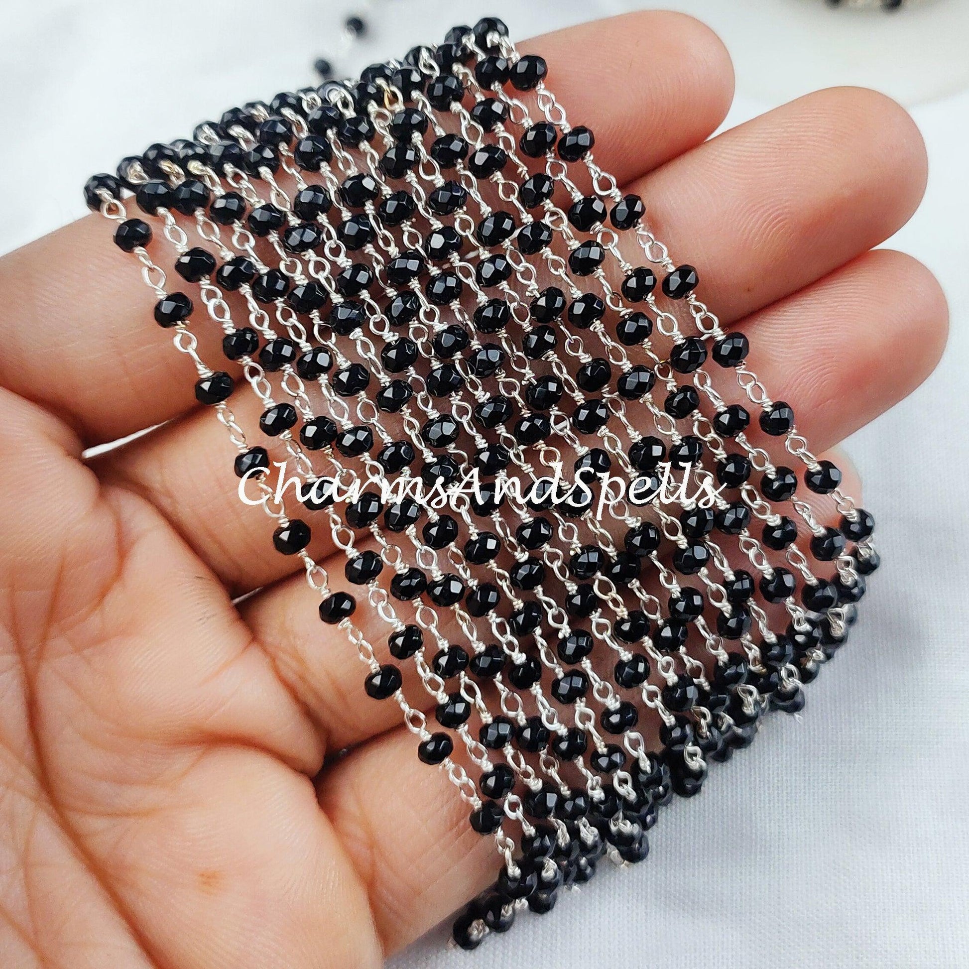 1 Feet Chain, Black Onyx Beaded Chain, Women Necklace, Wire Wrapped Onyx Beaded Chain, Rosary Bead Chain, Black Onyx, DIY Bracelet Chain - Charms And Spells