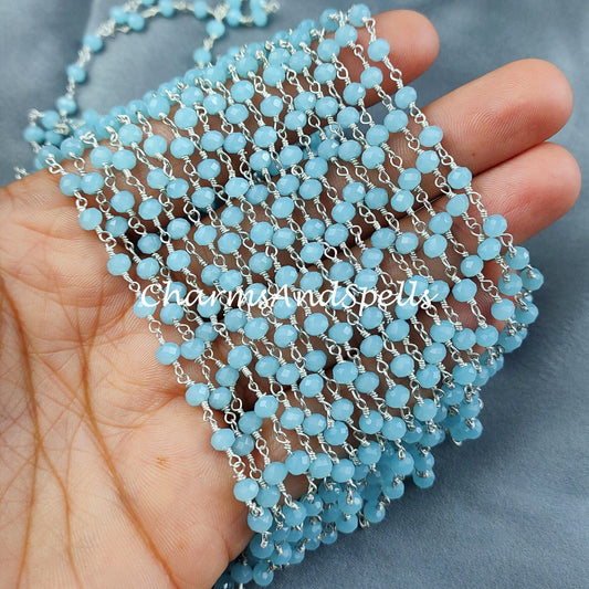 1 Feet Chain, Faceted Chalcedony Wire Wrapped Beaded Chain, 4-4.5mm Beaded, Blue Chalcedony Wire Wrapped Rosary Chain, Wholesale, DIY Necklace Chain - Charms And Spells