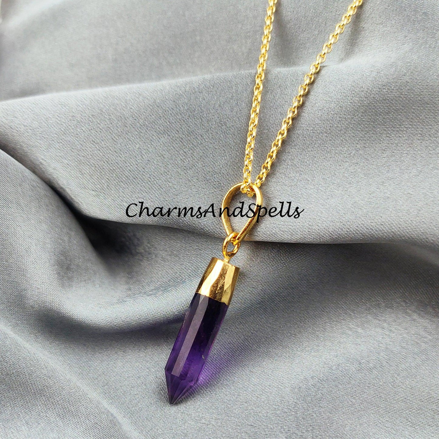 Natural Amethyst Gemstone Necklace, Amethyst Crystal Pencil Point Pendant, Emotional Balance, Calming - Charms And Spells