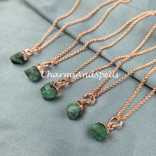 Emerald Necklace, Electroplated Raw Gemstone Jewelry, Copper Plated Necklace, Raw Birthstone Necklace, Gift for her - Charms And Spells