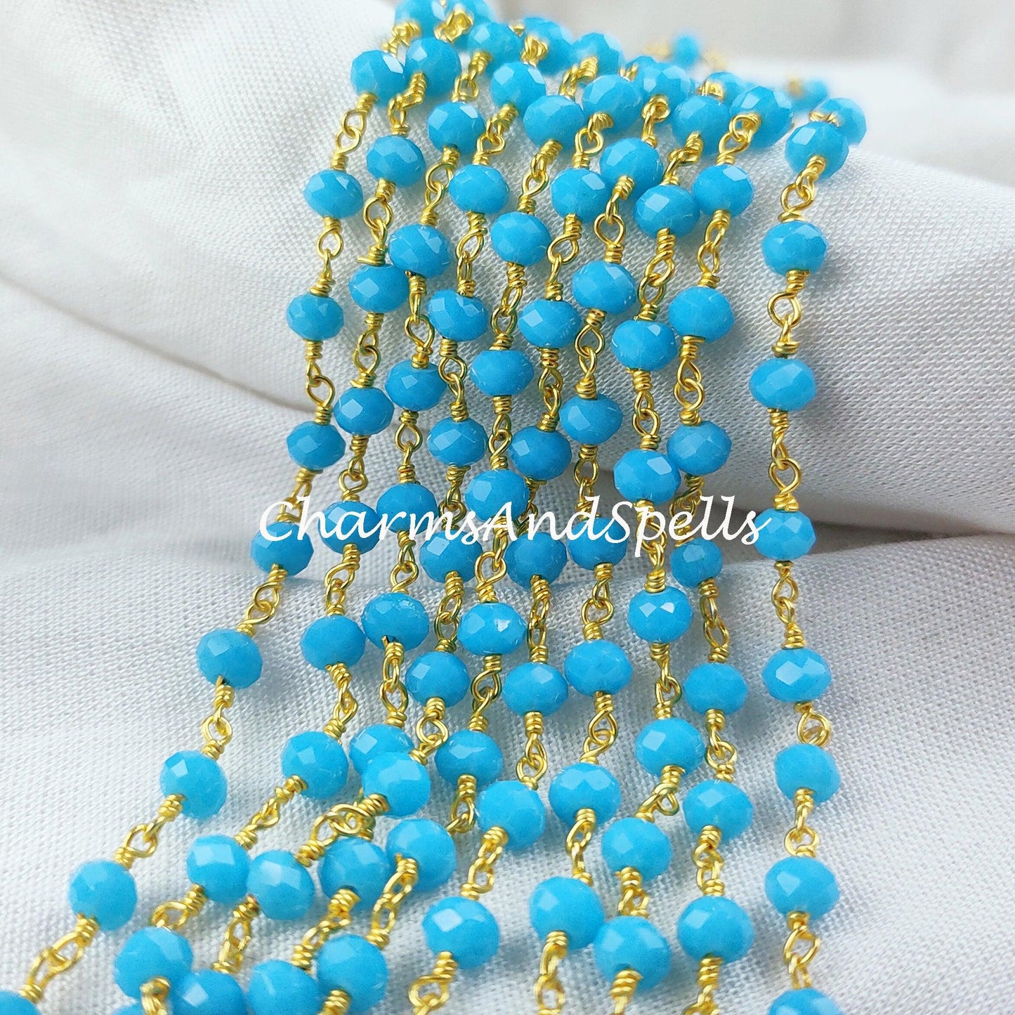 1 Feet Chain, Blue Chalcedony Gemstone Rosary Chain, 4-4.5mm Beads Chain, 14K Gold Plated Wire Wrapped Beaded Chain, DIY Necklace Chain - Charms And Spells