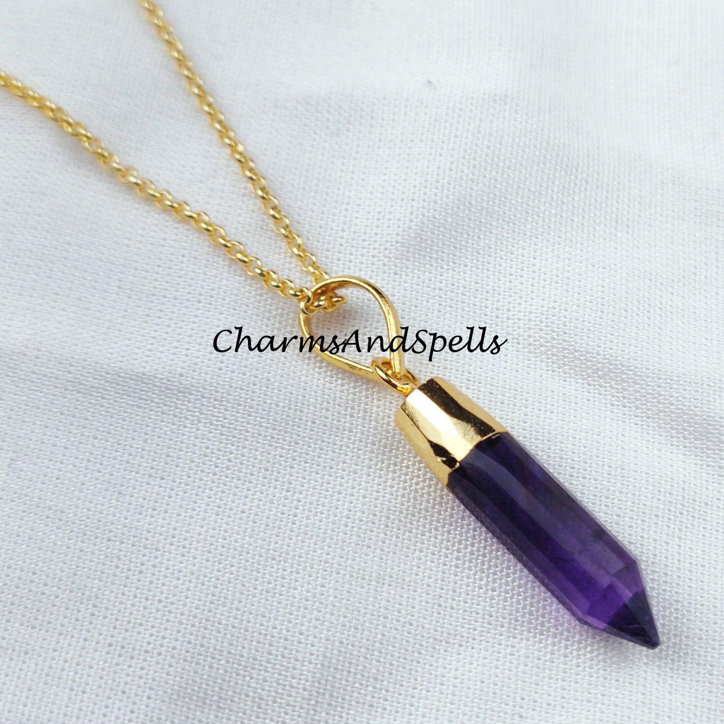 Natural Amethyst Gemstone Necklace, Amethyst Crystal Pencil Point Pendant, Emotional Balance, Calming - Charms And Spells