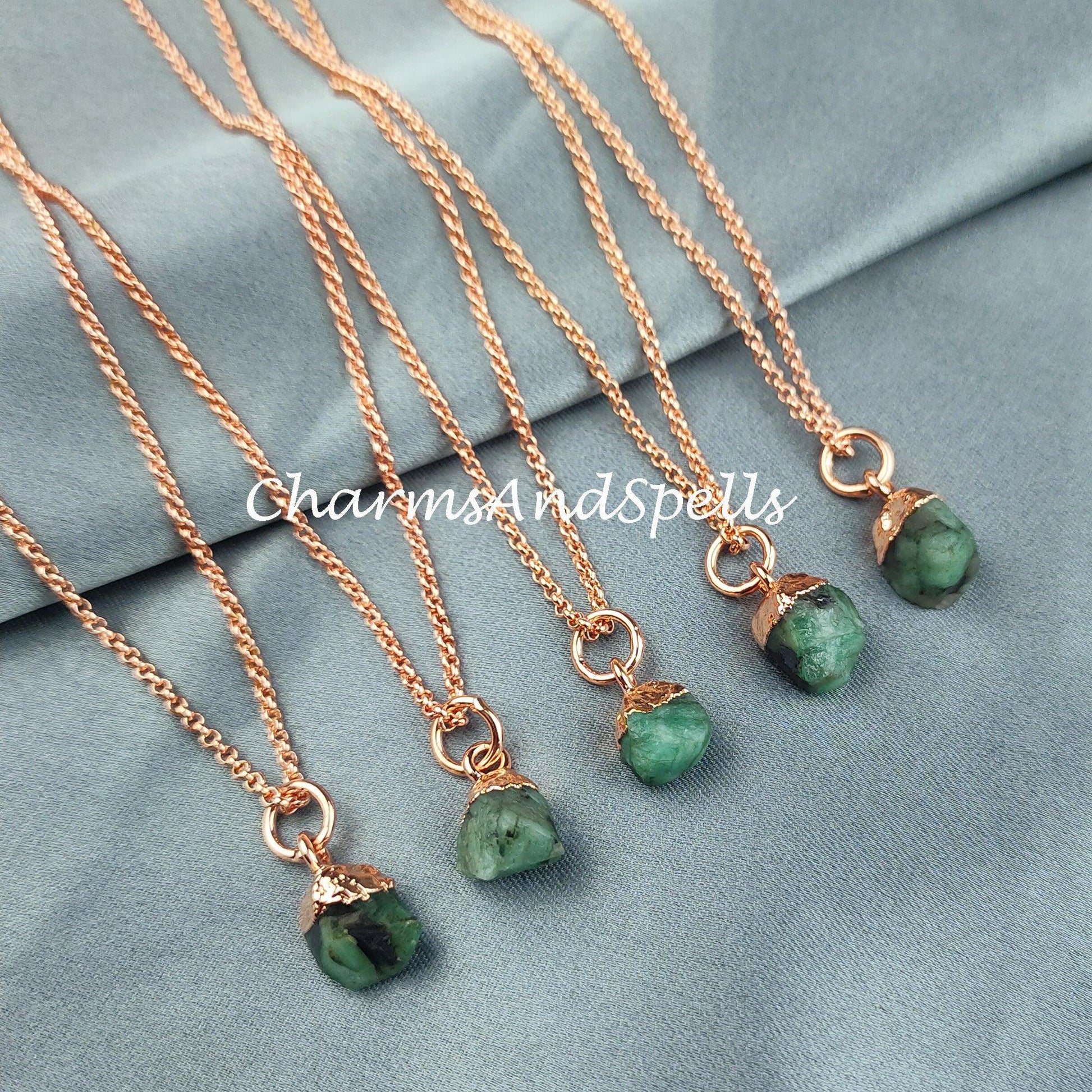 Emerald Necklace, Electroplated Raw Gemstone Jewelry, Copper Plated Necklace, Raw Birthstone Necklace, Gift for her - Charms And Spells