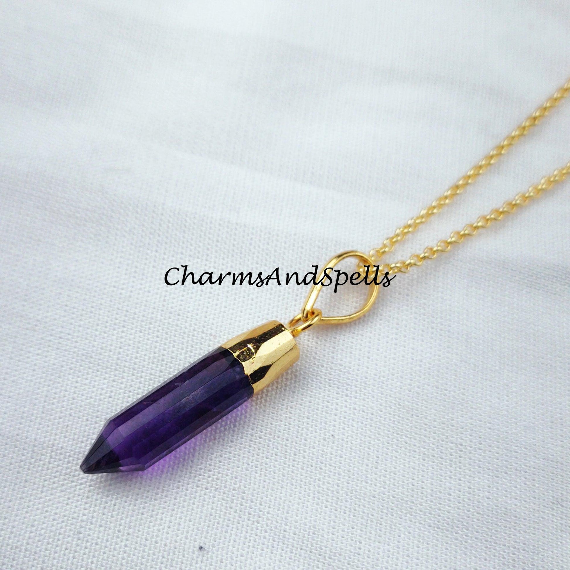 Natural Amethyst Gemstone Necklace, Amethyst Crystal Pencil Point Pendant, Emotional Balance, Calming - Charms And Spells